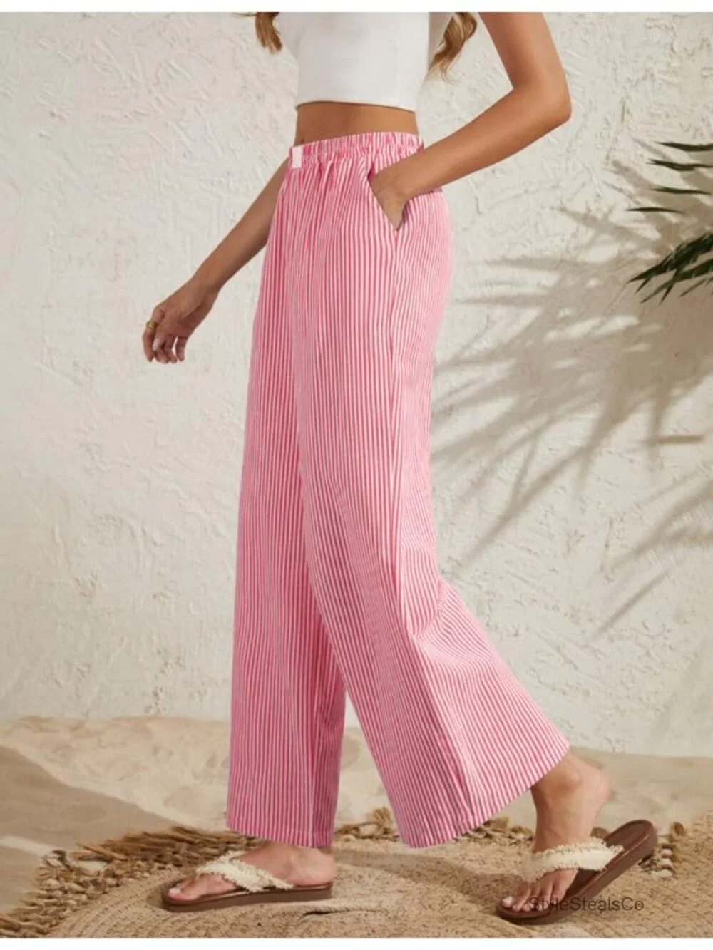 High-Waisted Wide Leg Gingham Pajama Bottoms with Pockets